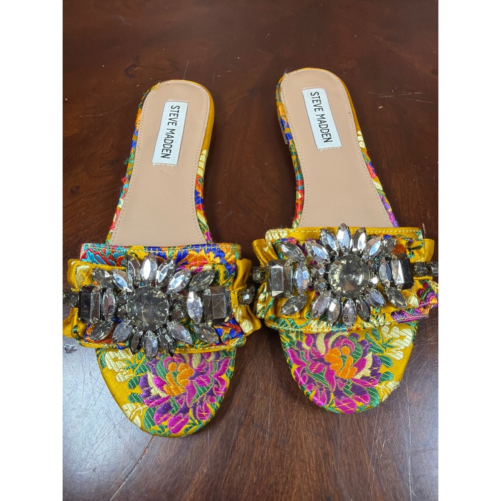 Steve Madden Yellow Floral Brocade Crystal Embellished Flat Slide Sandals